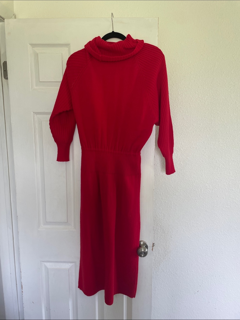 Red Ribbed Turtleneck Knit Midi Dress